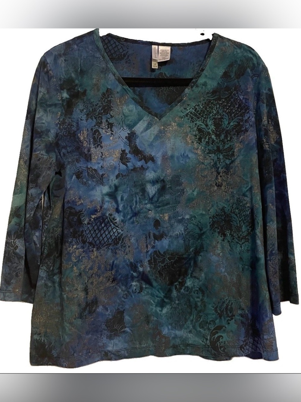 White Stag Teal Print Abstract Damask V-Neck Top Large 12/14, 3/4 Sleeve Knit